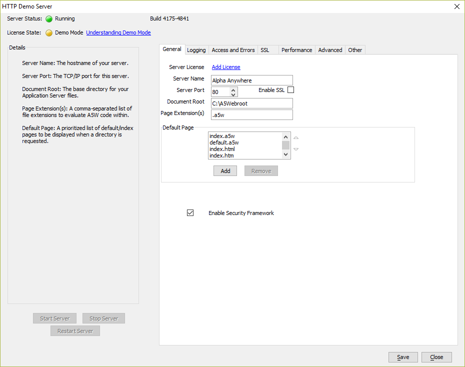 The Application Server Settings dialog.